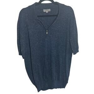 Canali Men's Linen Blend Navy Blue Tweed Johnny Collar Quarter Zip Shirt Size 58